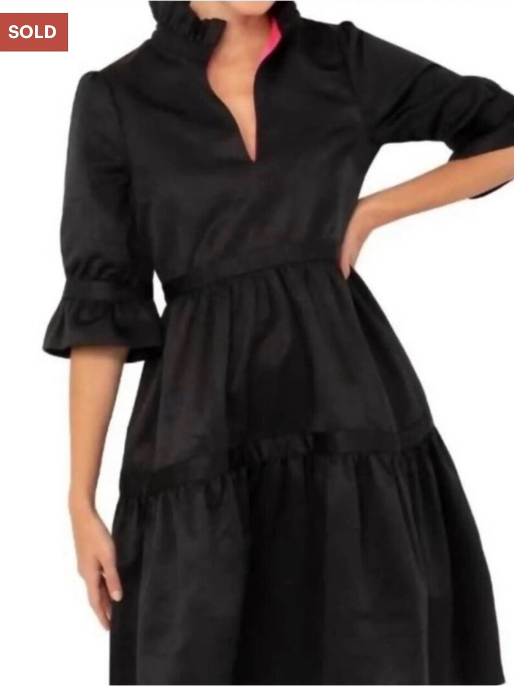 Gretchen Scott Designs Black Tiered Midi Dress with Ruffle Collar